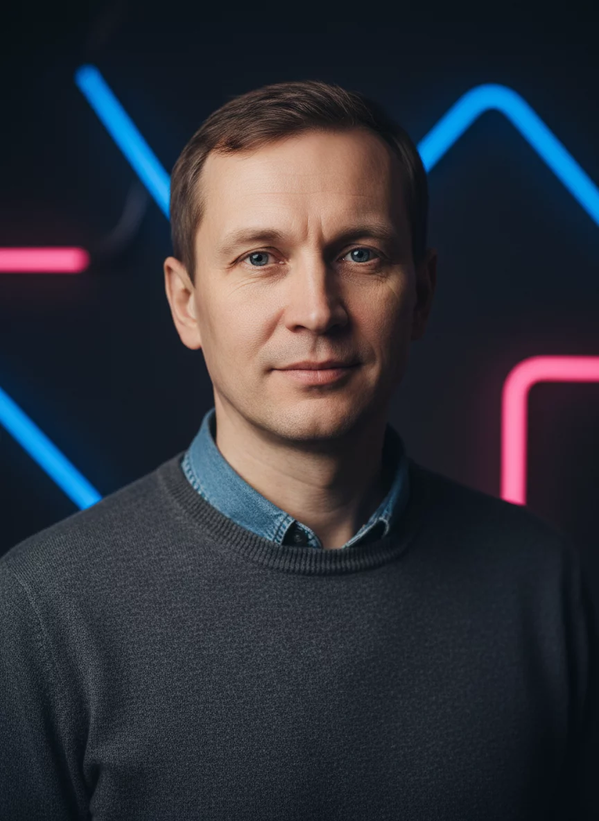 Russian male customer portrait neon glow